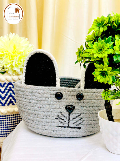 Grey Animal Face Basket with Handle | Lightweight & Washable (7x6 inch)