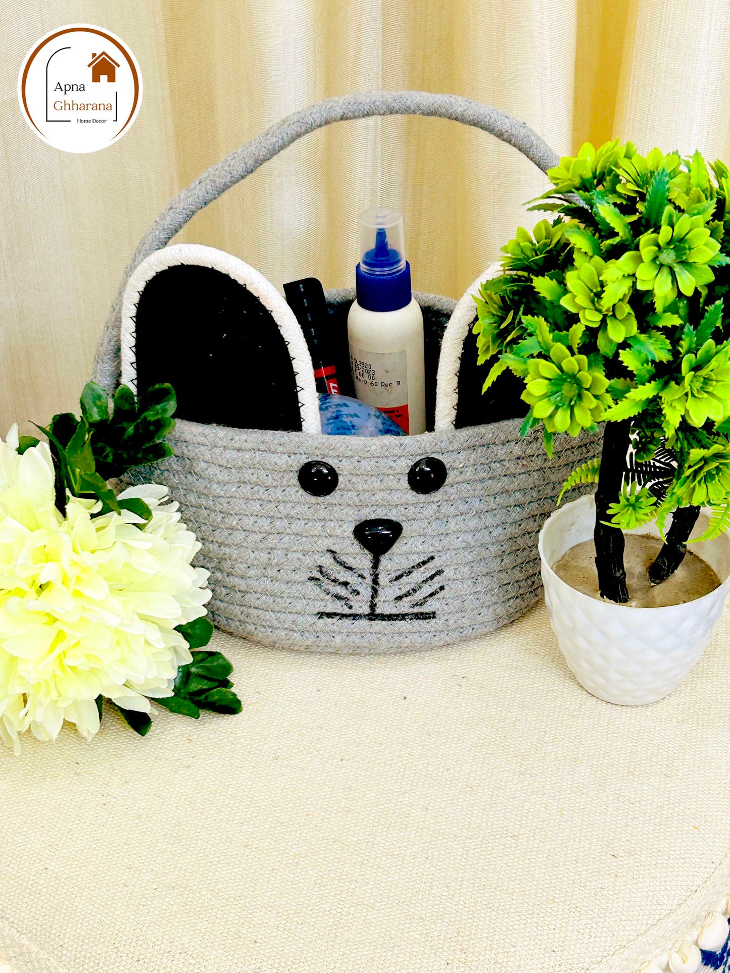 Grey Animal Face Basket with Handle | Lightweight & Washable (7x6 inch)
