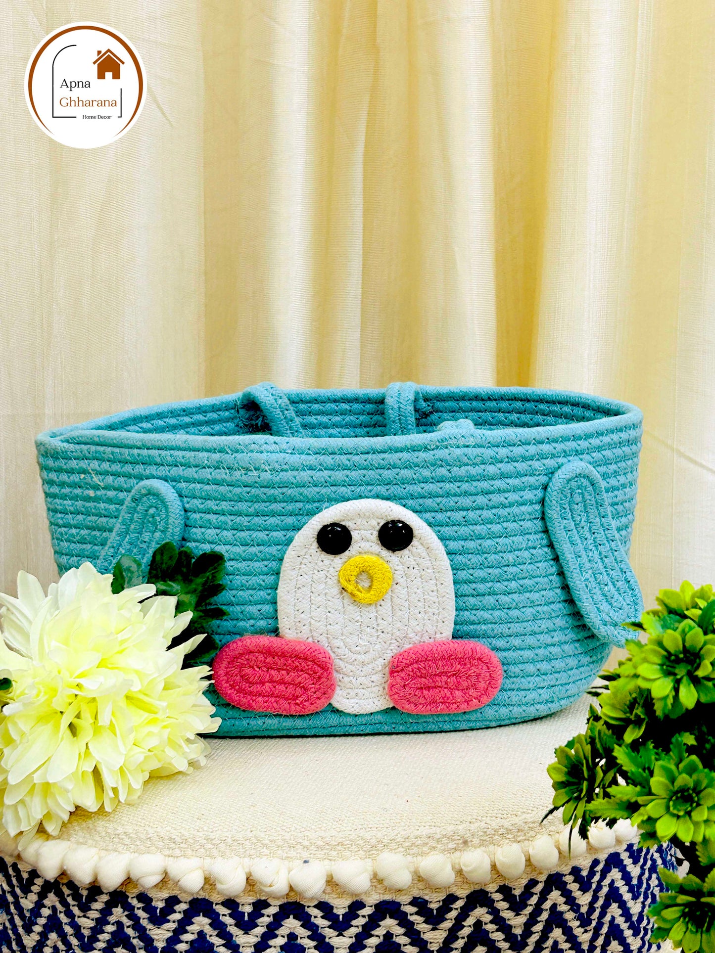 Sky Blue Animal Face Basket with Handle – Lightweight & Stylish