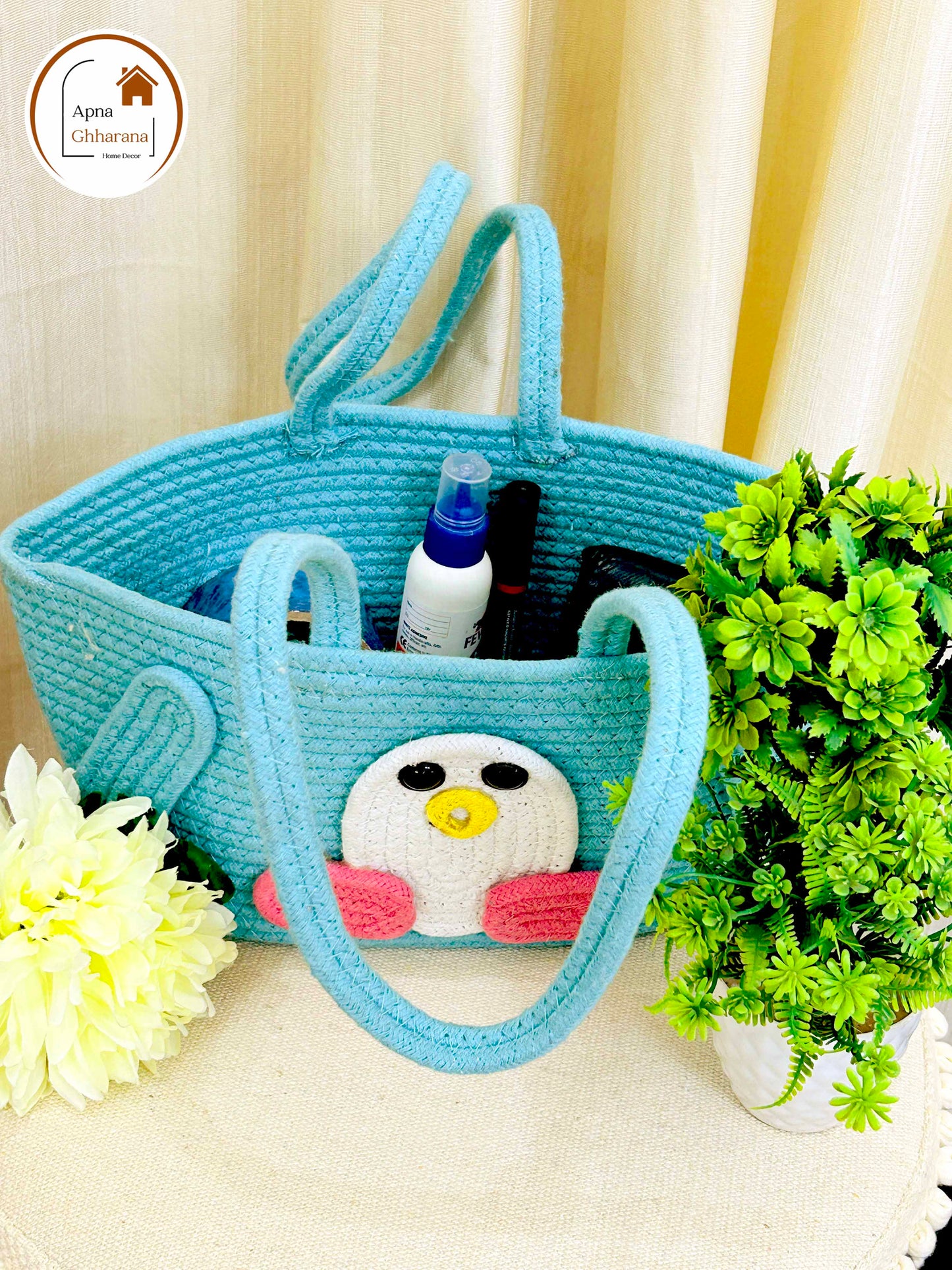 Sky Blue Animal Face Basket with Handle – Lightweight & Stylish