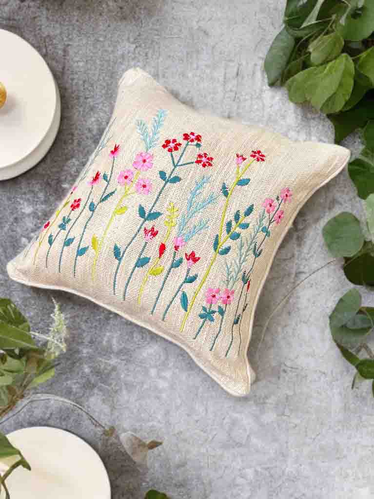 Multicolor Flower Embroidered Cushion Cover | Slub Cotton | 16x16