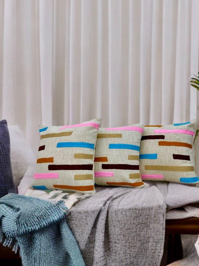 Embroidered Cushion Cover | Slub Cotton, Thread Work (16"x16")