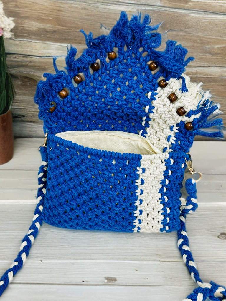 Handcrafted Blue Macramé Beaded Sling Bag – Boho Chic 7x9 Inch Purse with Zipper