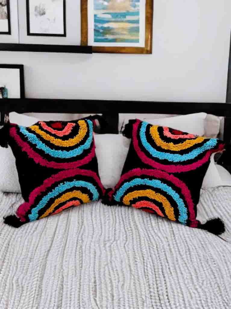 Decorative Tufted Cushion Cover – Black Base, Vibrant Multicolor Design