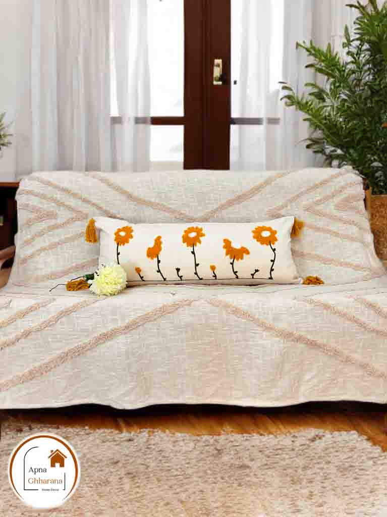 Premium Yellow Embroidered Lumbar Cushion Cover | Cotton | 34x12"