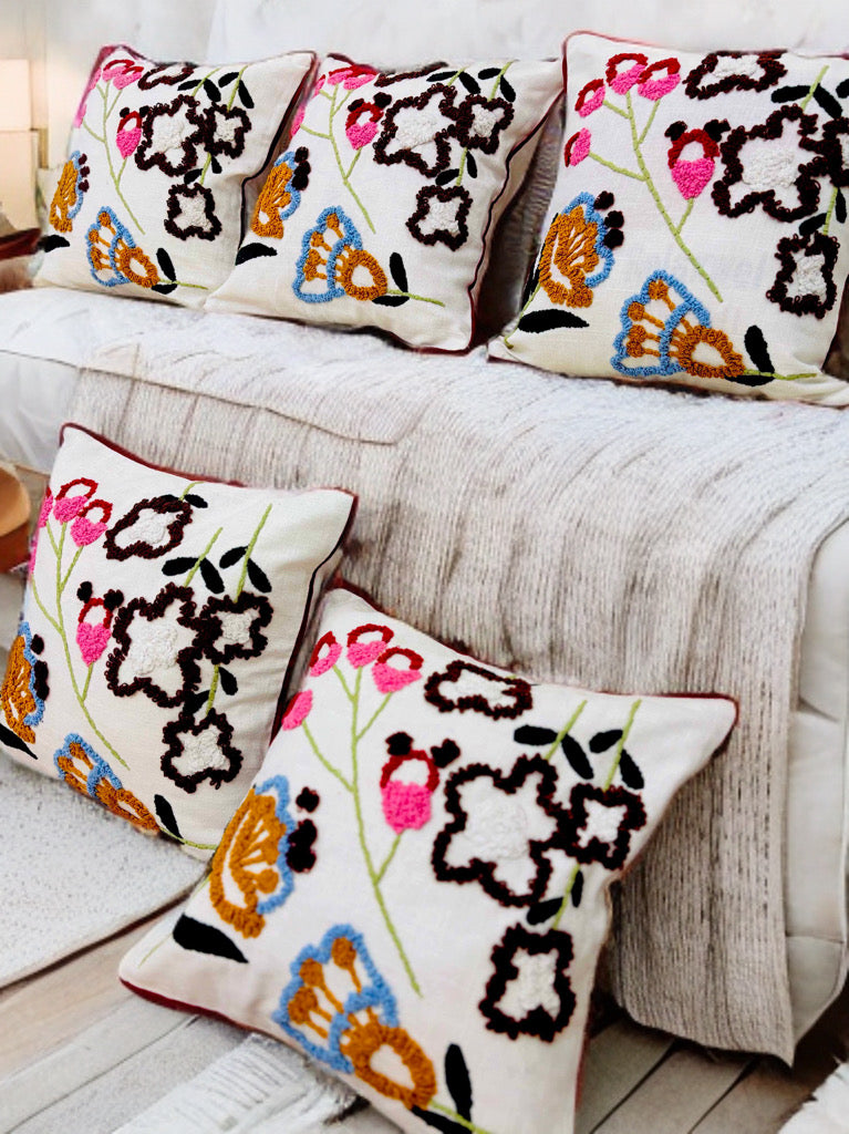 Colorful Embroidered Cushion Cover | Wool Thread Work | 16x16 Inches