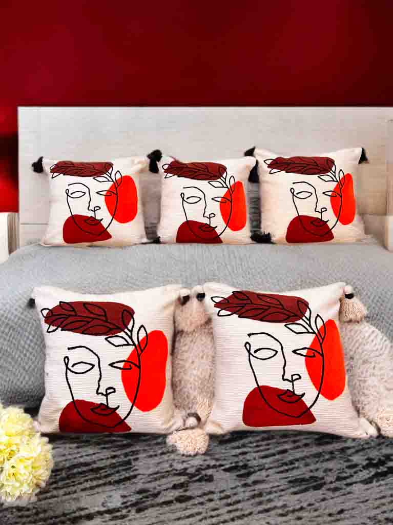 Face Design Embroidered Cushion Cover | Slub Cotton | 16"x16"