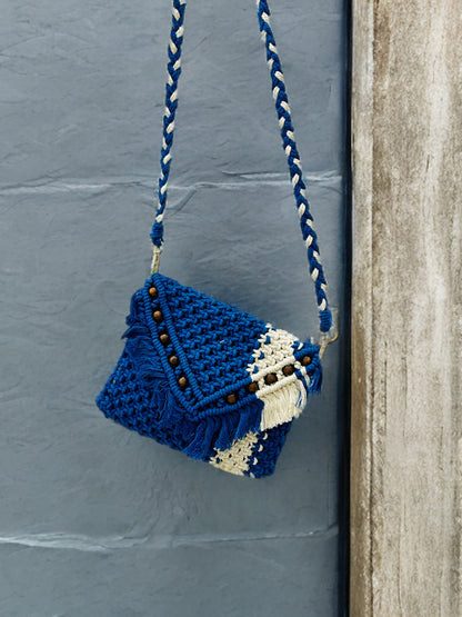 Handcrafted Blue Macramé Beaded Sling Bag – Boho Chic 7x9 Inch Purse with Zipper