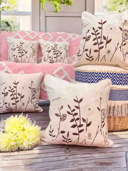 Threaded Elegance – Embroidered Cushion Cover | 16x16" | Slub Cotton