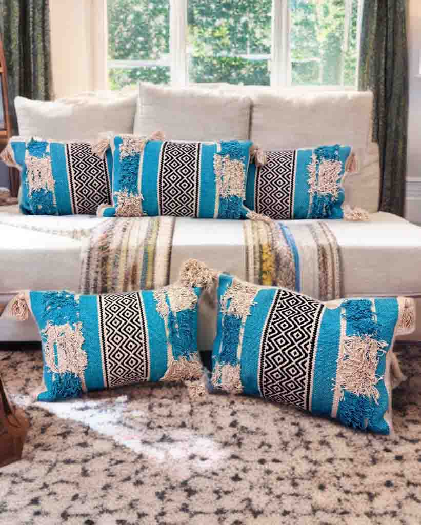 Bohemian Cushion Cover – Blue, Tassels, Dari Fabric, 12x18"