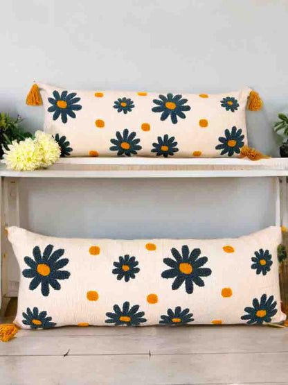 Embroidered Lumbar Cushion Cover – Grey Floral Design, 34x12 Inches