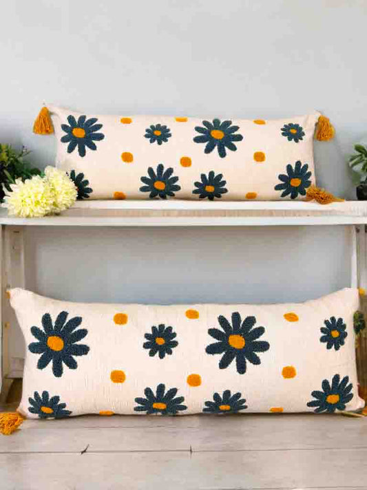 Embroidered Lumbar Cushion Cover – Grey Floral Design, 34x12 Inches
