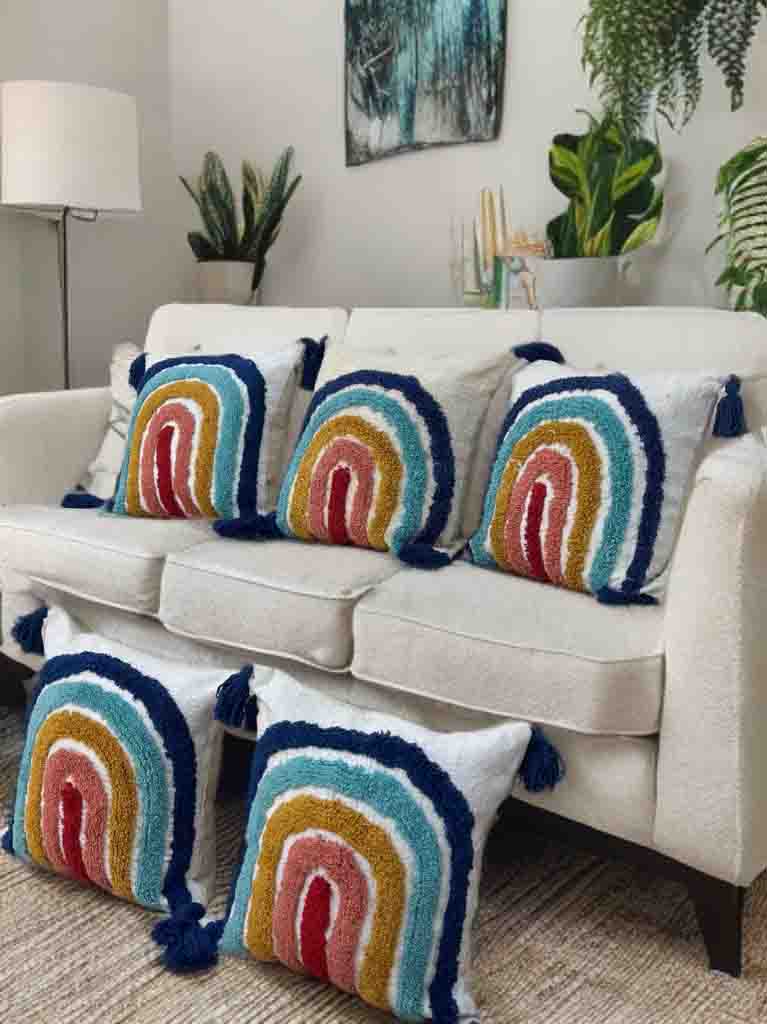 Tufted Rainbow Cushion Cover | Multicolor Slub Cotton (16"x16")