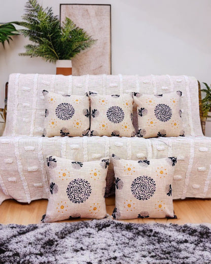 Block Printed Cushion Cover | Beige Cotton Fabric | 16x16 Inches