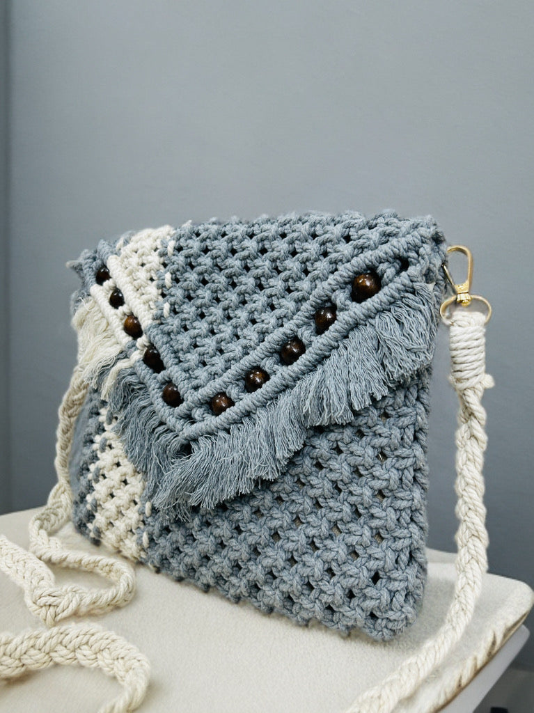 Trendy Grey Macramé Purse – Boho Beaded Sling Bag
