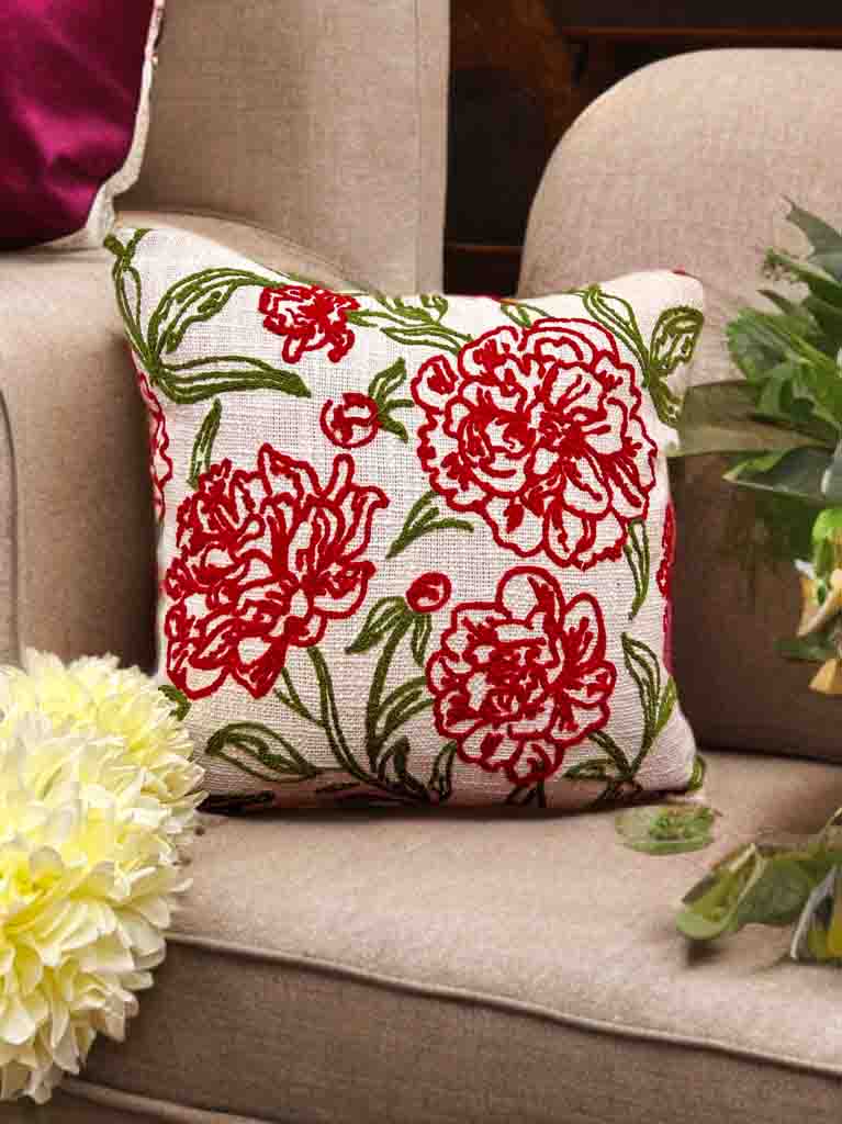 Premium Embroidered Cushion Cover | Red Floral Design, 16x16" Cotton