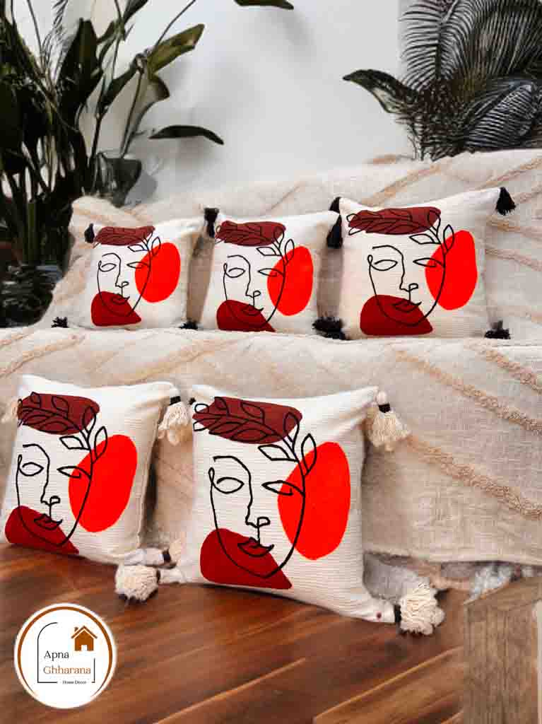 Face Design Embroidered Cushion Cover | Slub Cotton | 16"x16"