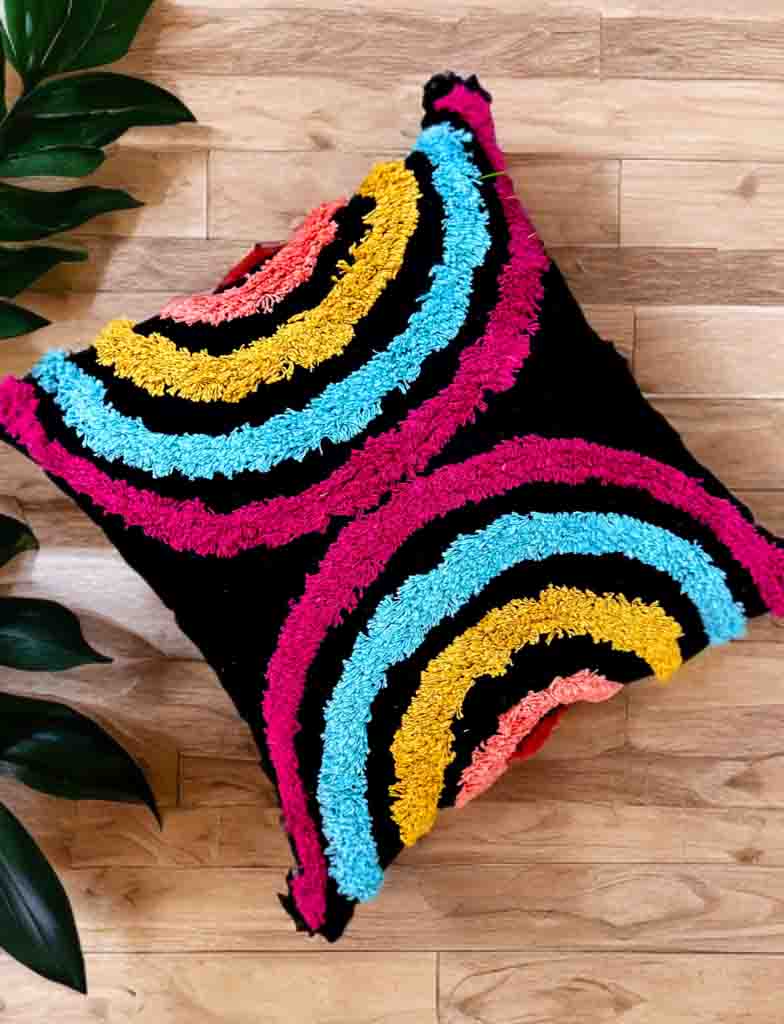 Decorative Tufted Cushion Cover – Black Base, Vibrant Multicolor Design