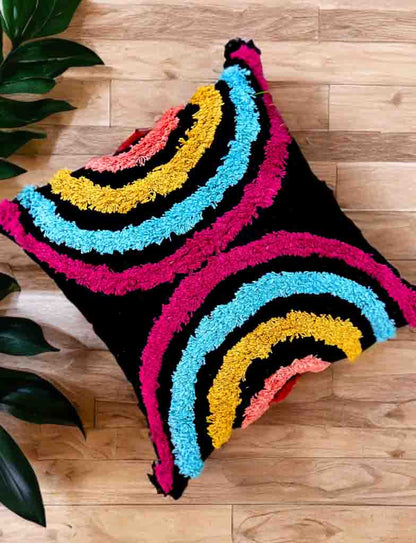 Decorative Tufted Cushion Cover – Black Base, Vibrant Multicolor Design