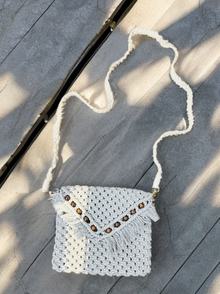 Trendy Grey Macramé Purse – Boho Beaded Sling Bag