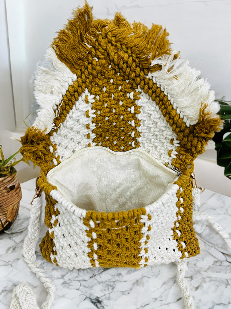 Macramé Sling Bag with Beads & Flap – Boho Handmade Purse
