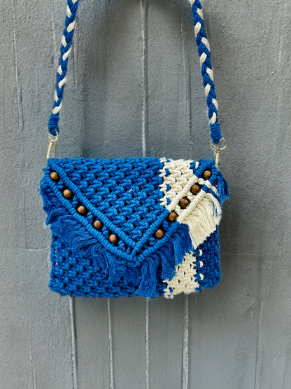 Handcrafted Blue Macramé Beaded Sling Bag – Boho Chic 7x9 Inch Purse with Zipper