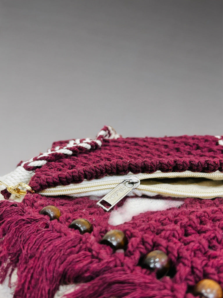Boho Chic Macramé Sling Bag – Maroon with Beads & Flap
