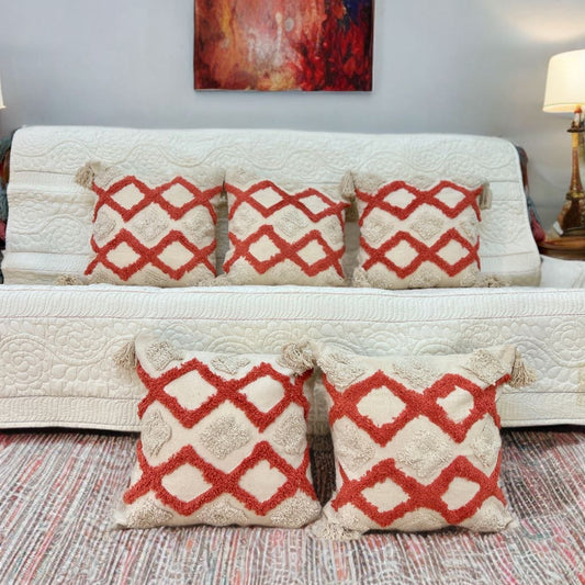 Rust Tufted Cushion Cover | Slub Cotton, 16"x16" | Stylish & Aesthetic