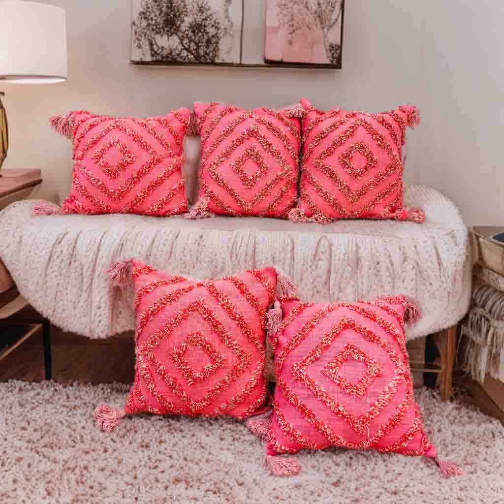 Pink Tufted Cushion Cover | 16x16" | Slub Cotton with Tassels
