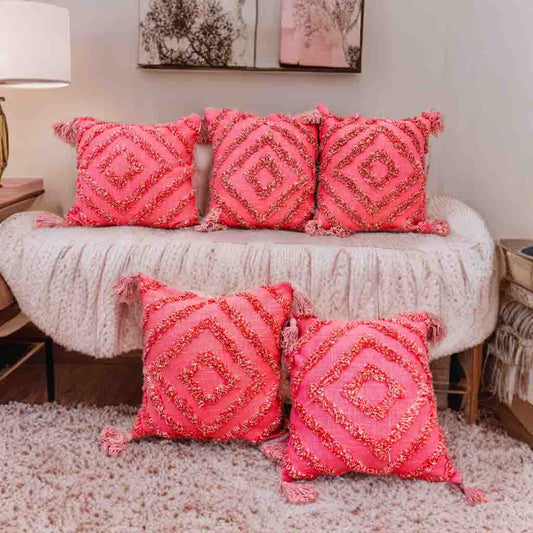 Pink Tufted Cushion Cover | 16x16" | Slub Cotton with Tassels
