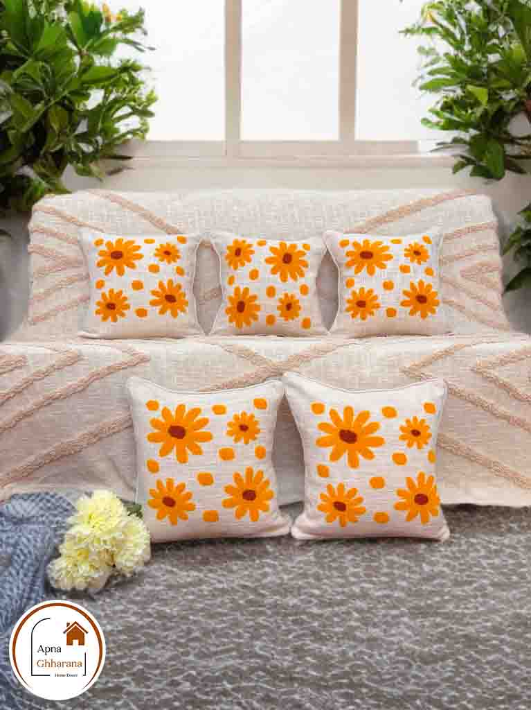 Yellow Flower Embroidered Cushion Cover | Slub Cotton, 16x16 Inches