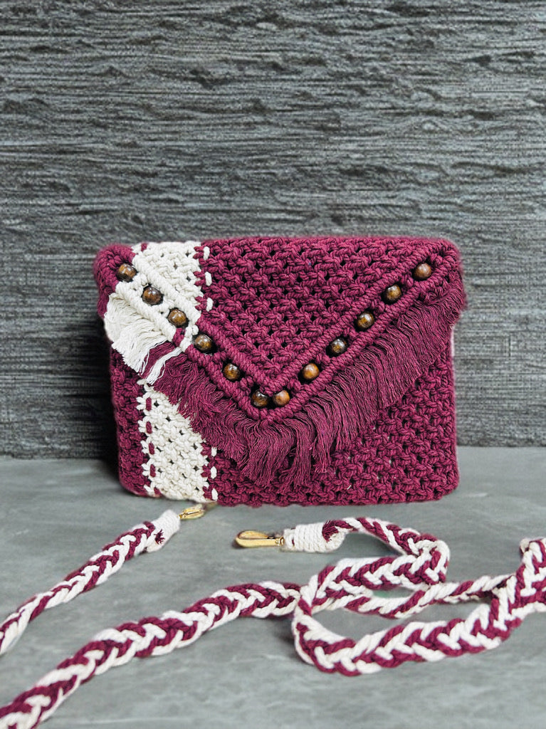 Boho Chic Macramé Sling Bag – Maroon with Beads & Flap