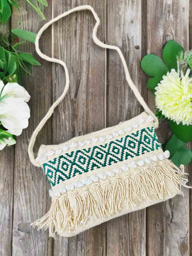 Handmade Boho Sling Bag – Embroidered Crossbody with Zipper & Fringe