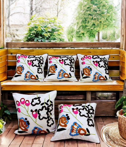 Colorful Embroidered Cushion Cover | Wool Thread Work | 16x16 Inches