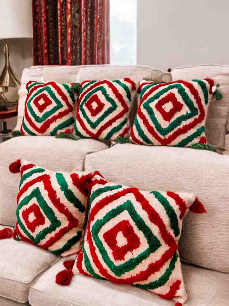 Multicolor Tufted Cushion Cover | 16x16" | Slub Cotton with Tassels
