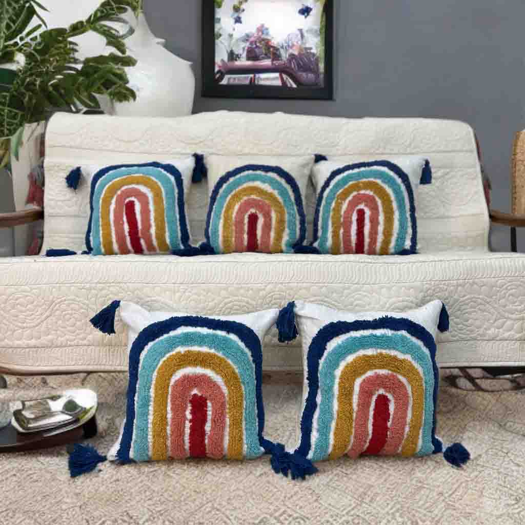 Tufted Rainbow Cushion Cover | Multicolor Slub Cotton (16"x16")