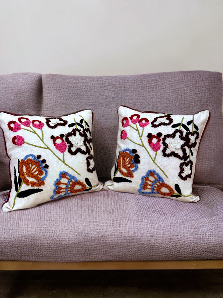 Colorful Embroidered Cushion Cover | Wool Thread Work | 16x16 Inches