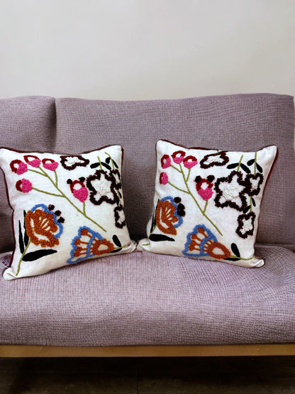 Colorful Embroidered Cushion Cover | Wool Thread Work | 16x16 Inches