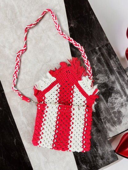 Compact Macramé Sling Bag – Red, Beaded, Handmade