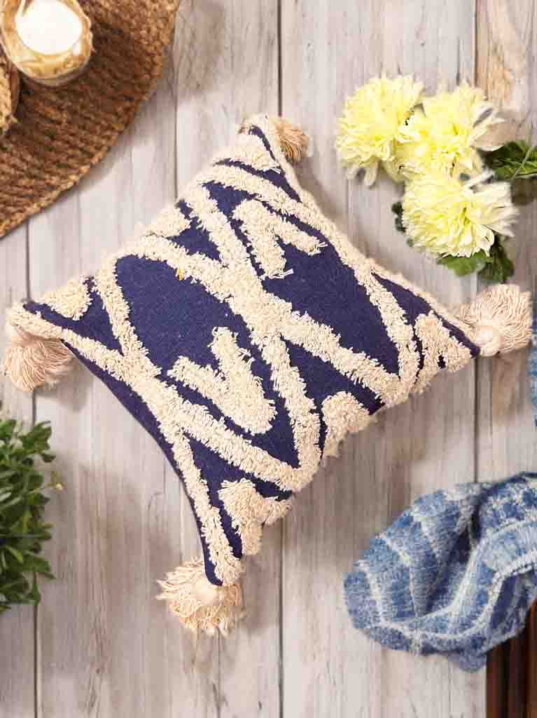 Tufted Cushion Cover | White Tufting on Blue | 16x16" Slub Cotton