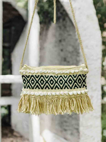 Handmade Boho Sling Bag – Embroidered Crossbody with Zipper & Fringe