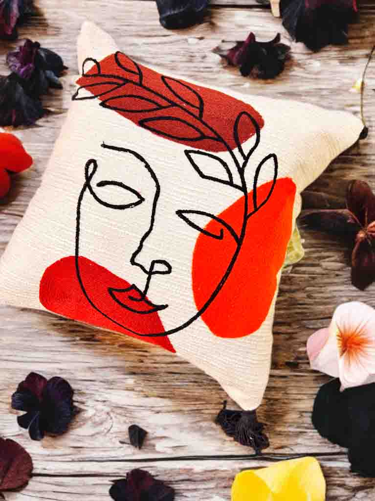 Face Design Embroidered Cushion Cover | Slub Cotton | 16"x16"