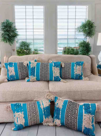Bohemian Cushion Cover – Blue, Tassels, Dari Fabric, 12x18"