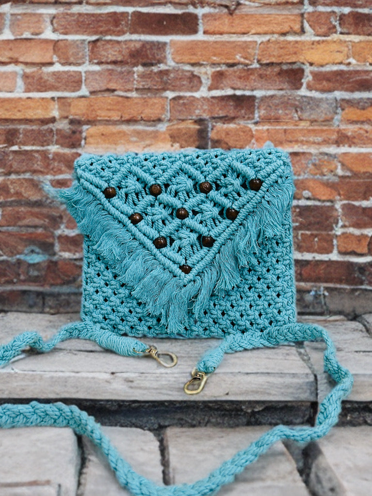 Handmade Macramé Sling Bag with Flap & Beads