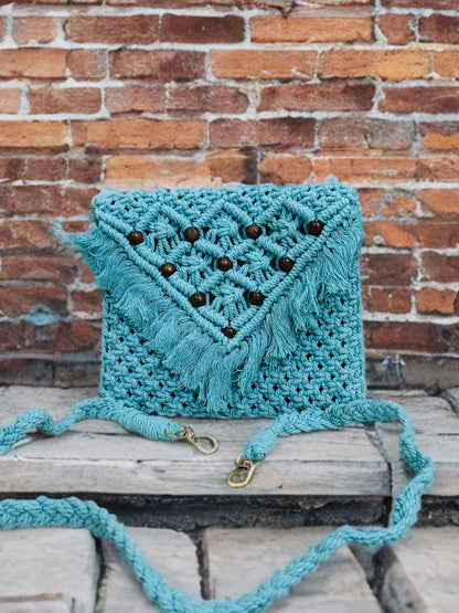 Handmade Macramé Sling Bag with Flap & Beads