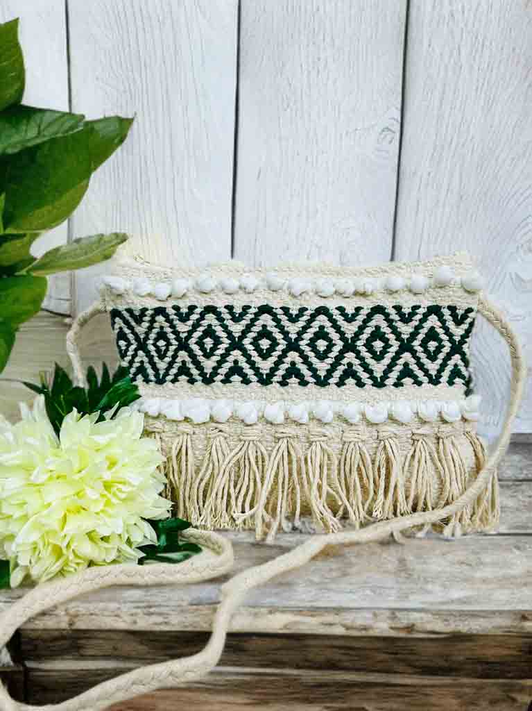 Handmade Boho Sling Bag – Embroidered Crossbody with Zipper & Fringe