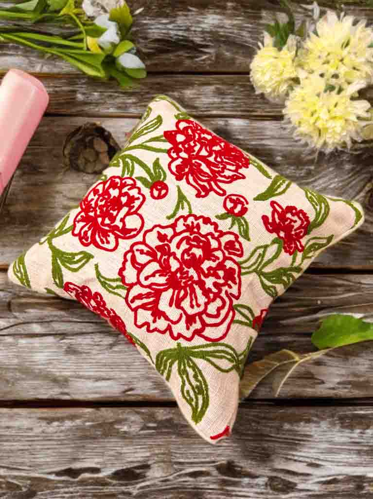 Premium Embroidered Cushion Cover | Red Floral Design, 16x16" Cotton