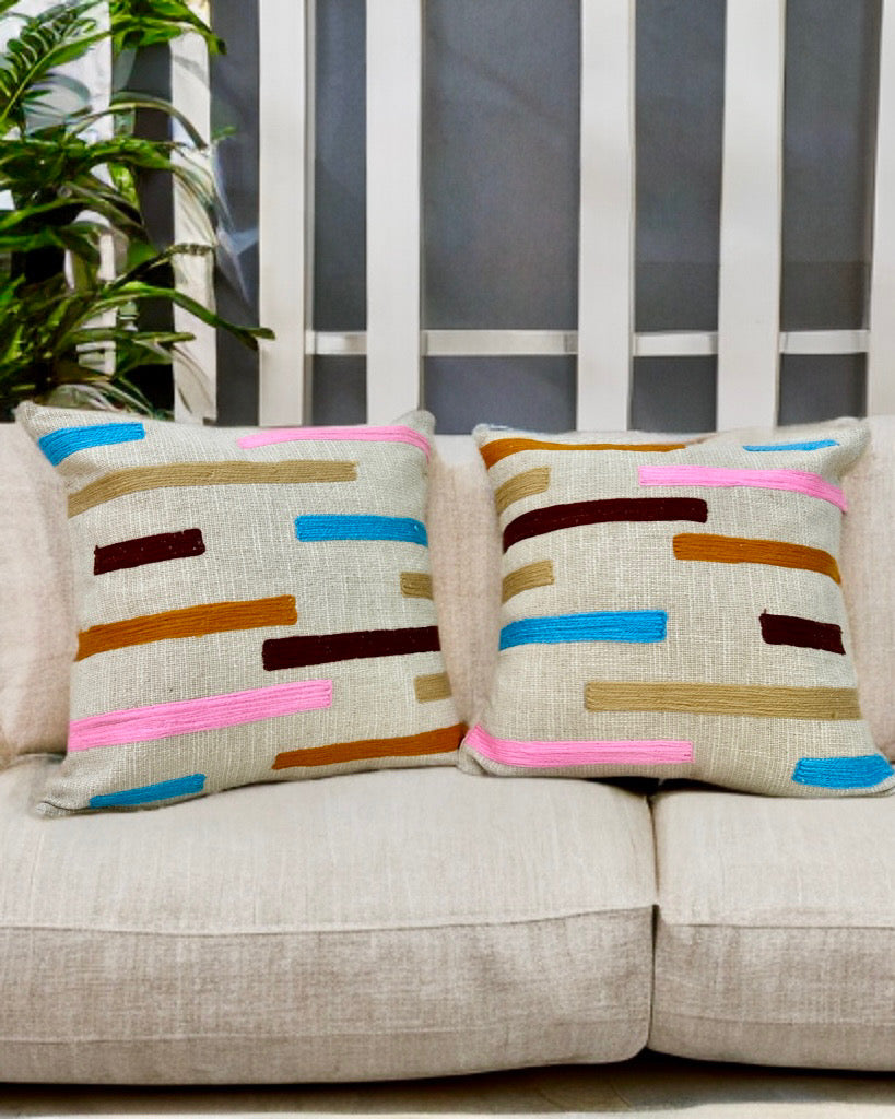 Embroidered Cushion Cover | Slub Cotton, Thread Work (16"x16")