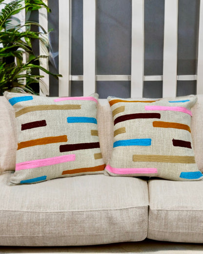 Embroidered Cushion Cover | Slub Cotton, Thread Work (16"x16")
