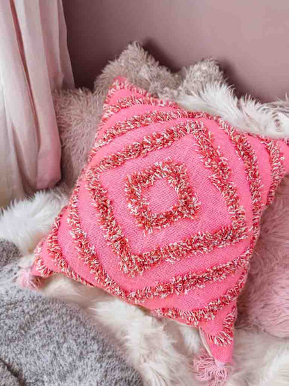 Pink Tufted Cushion Cover | 16x16" | Slub Cotton with Tassels